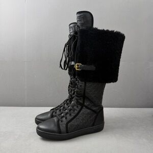 🚩steal Louis Vuitton Black Lace-Up Shearling-Trim Tall Boots
